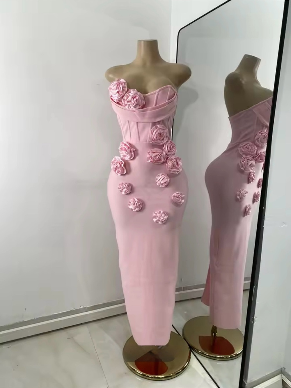 Strapless Pink Floral Appliqué Midi Dress Medium